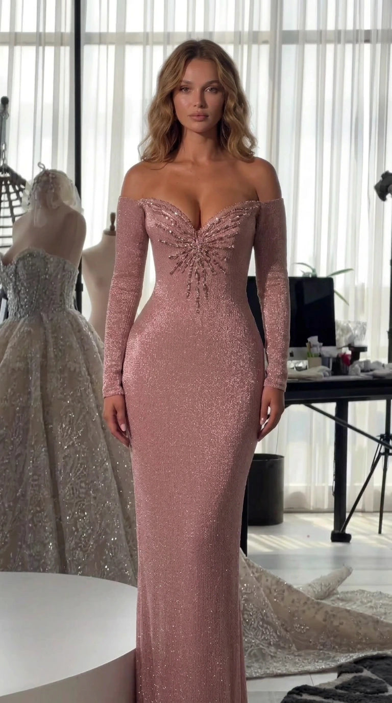 Off-Shoulder Beaded Starburst Evening Gown with Long Sleeves