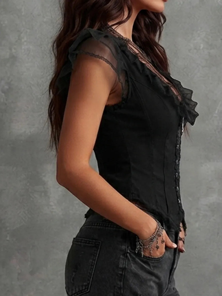 Romantic Gothic Black Ruffled Sheer Corset Vest