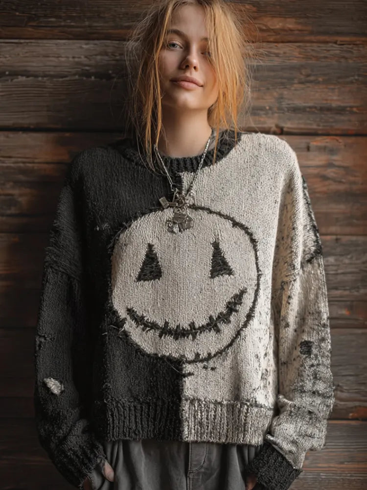 Halloween Black And White Color-blocked Smiley Face Casual Vintage Sweater