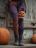 Halloween Pumpkin Emoji Spider Web Patchwork Women's Knit Leggings
