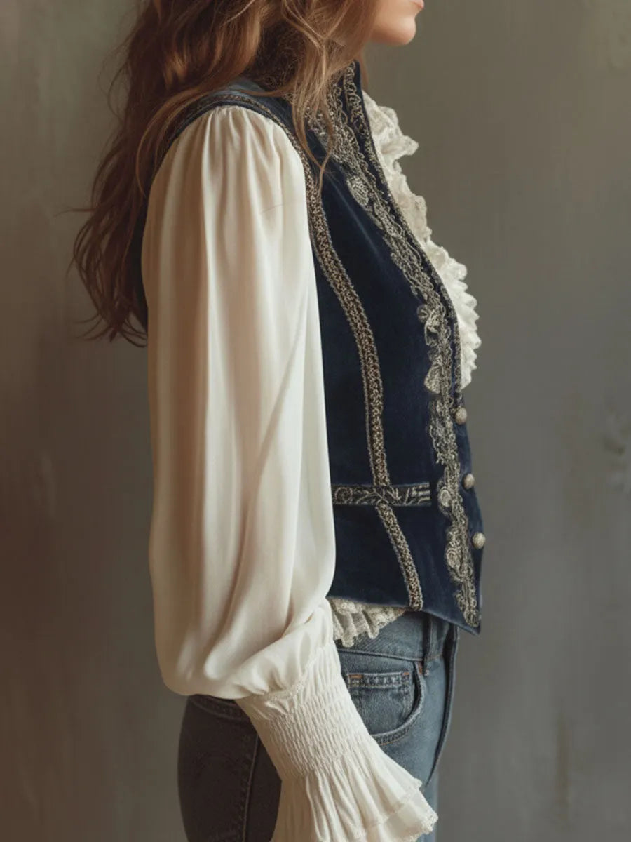 Vintage Baroque Navy Blue Velvet Embroidered Vest
