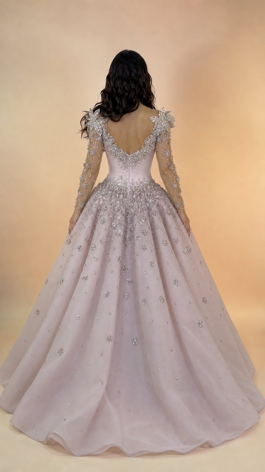 Crystal Embellished Illusion Neckline Long Sleeve Ball Gown with Overskirt