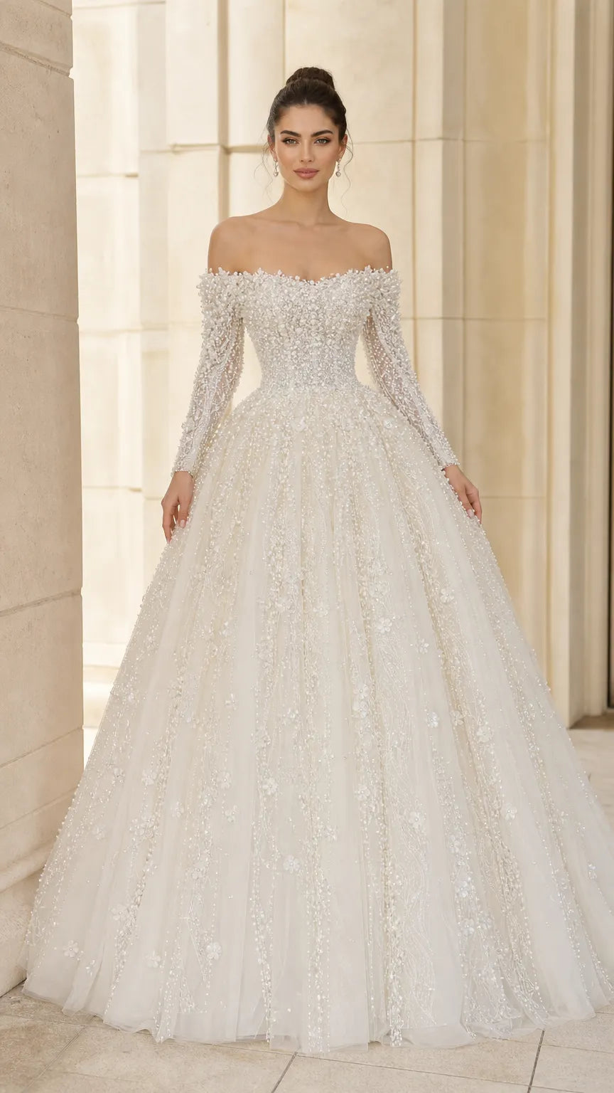 Off-the-Shoulder Long Sleeve Pearl Beaded Ball Gown