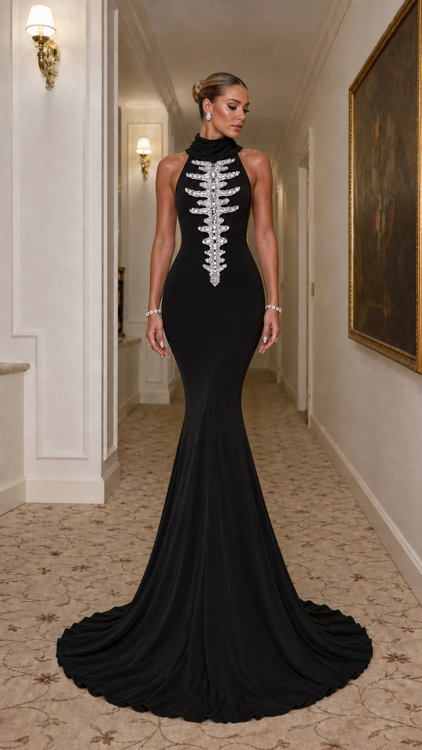 High Neck Backless Mermaid Maxi Gown with Crystal Spine Detail