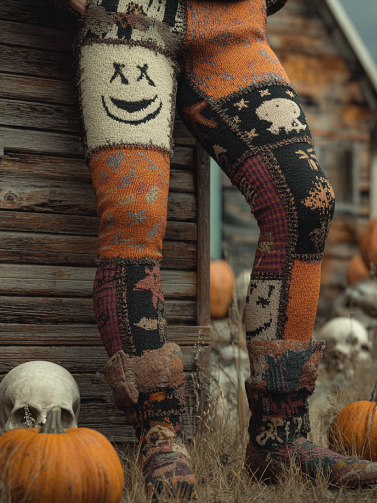 Halloween-themed Knitted Pants With Fun Pumpkin-colored Patchwork Design