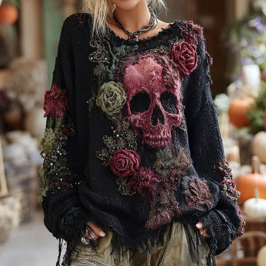 Rose And Skull Embroidered Gothic Chunky Knit Sweater