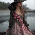 Vintage Witch Pink Roses Glitter Fiber Art Flowy Linen Dress