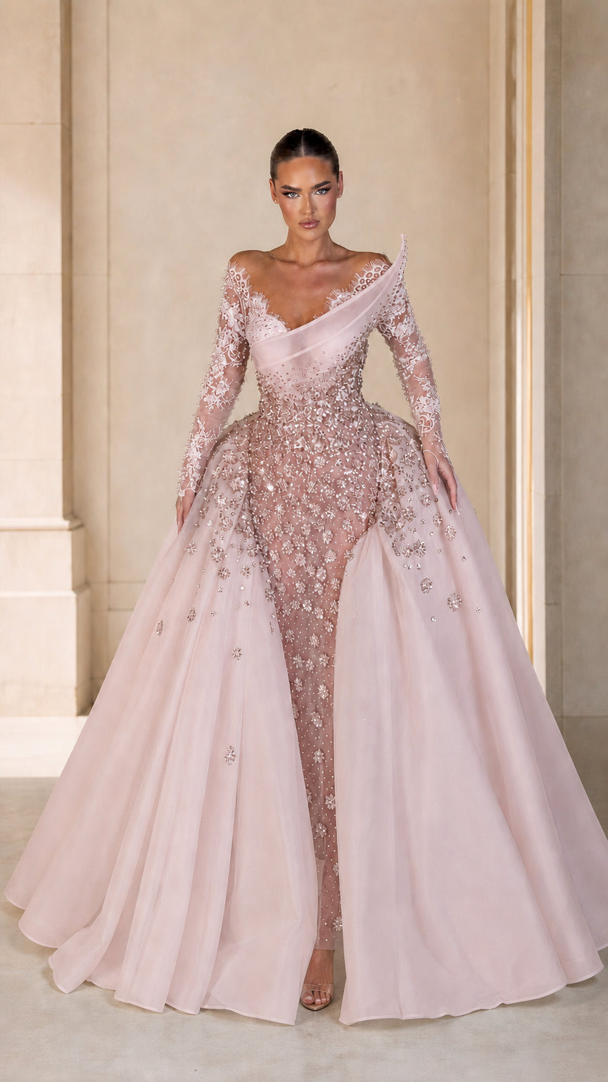 Asymmetrical Embellished Long Sleeve Evening Gown with Detachable Overskirt