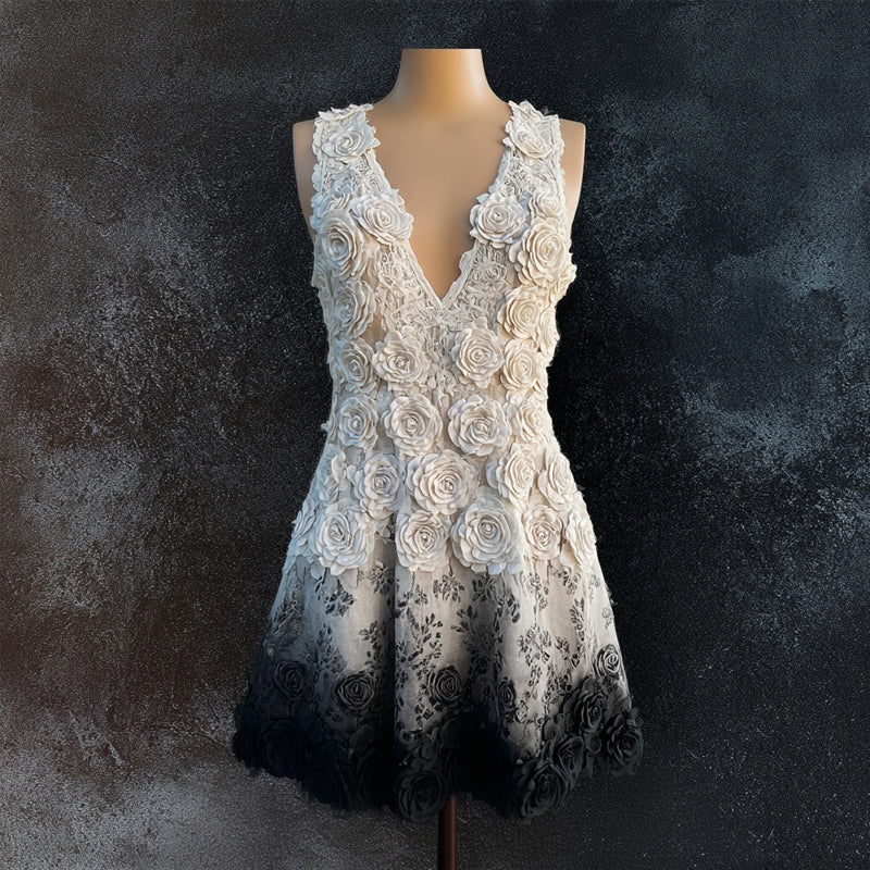 Vintage Roses Embroidered Gradient V Neck Linen Mini Dress