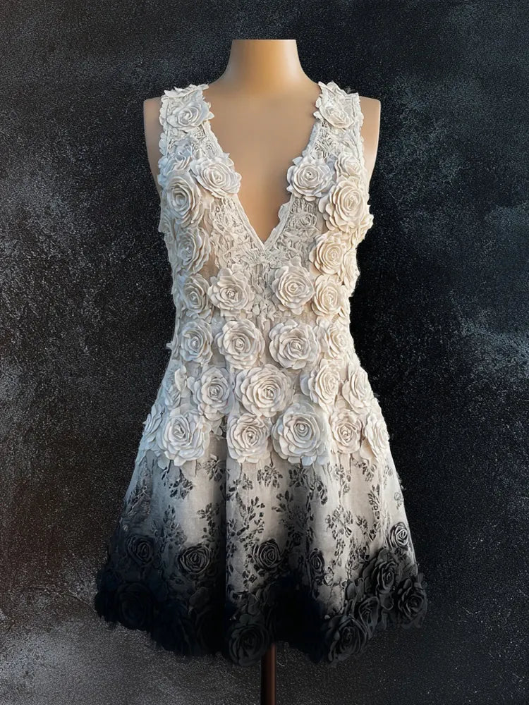 Vintage Roses Embroidered Gradient V Neck Linen Mini Dress