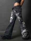 Vintage Rock Skulls Cross Studded Patchwork Bootcut Jeans