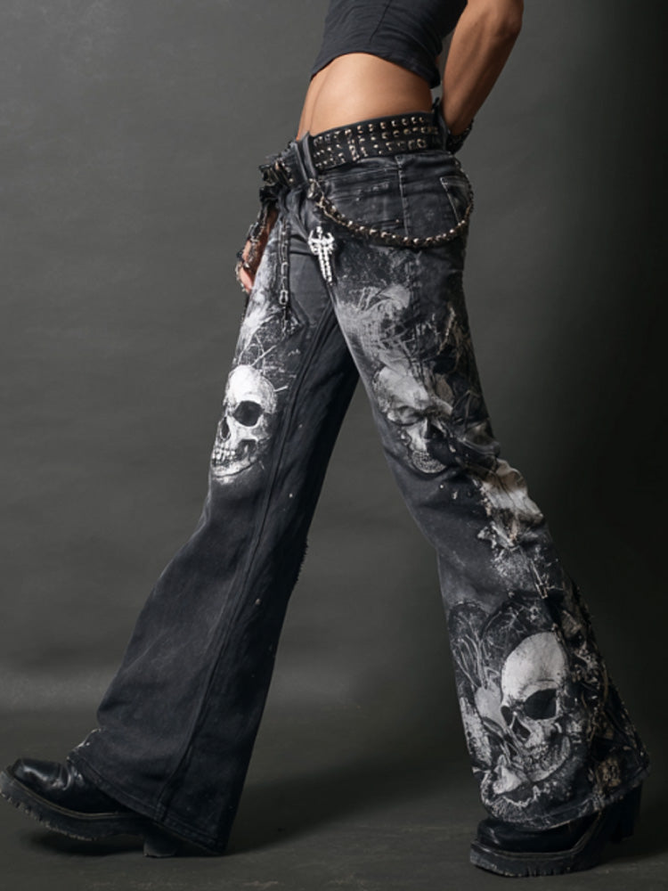 Vintage Rock Skulls Cross Studded Patchwork Bootcut Jeans