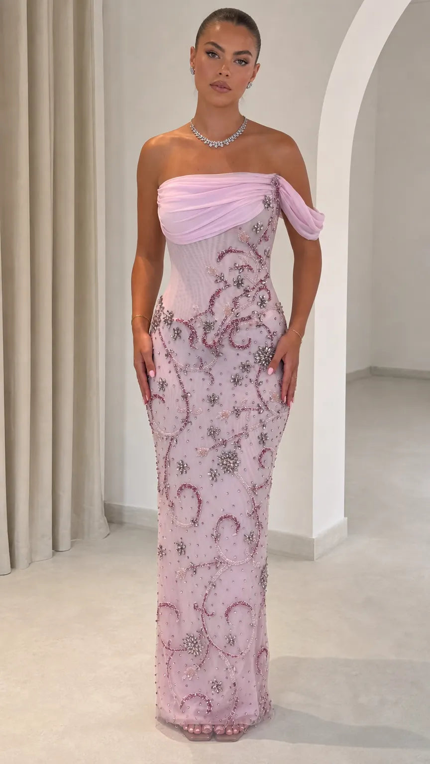 Off-the-Shoulder Draped Bodice Beaded Maxi Evening Gown