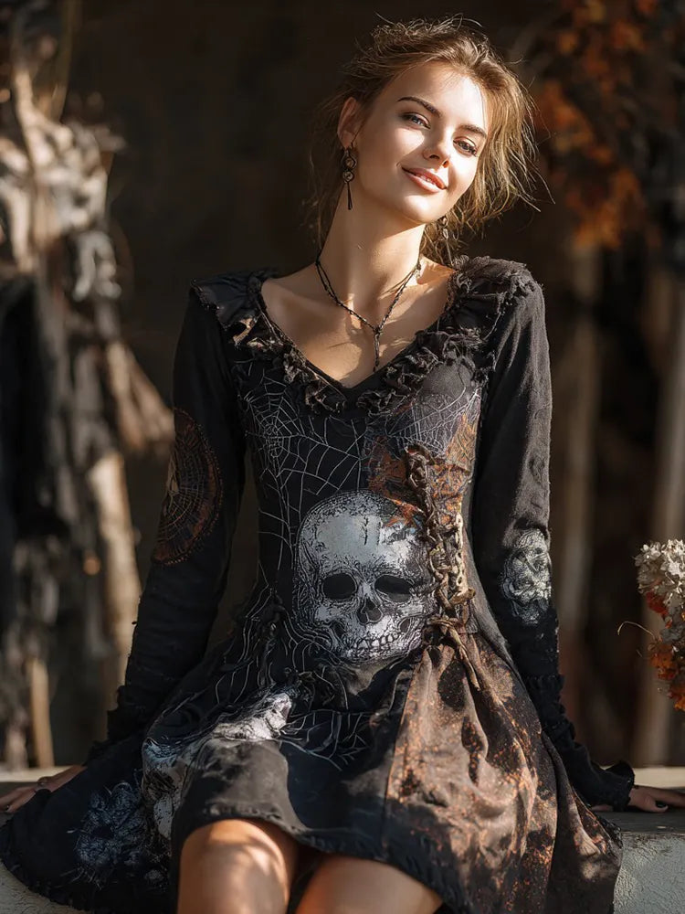 Women's Halloween Skull And Spider Web Pattern V-neck Dress