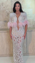 Embroidered Floral Beaded Evening Gown with Feather-Trim Capelet Set