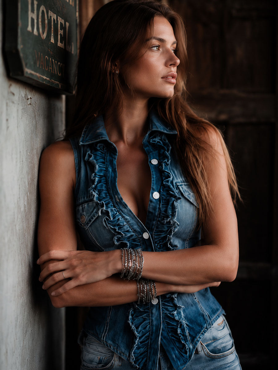 Vintage Blue Denim Ruffle Button Front Vest