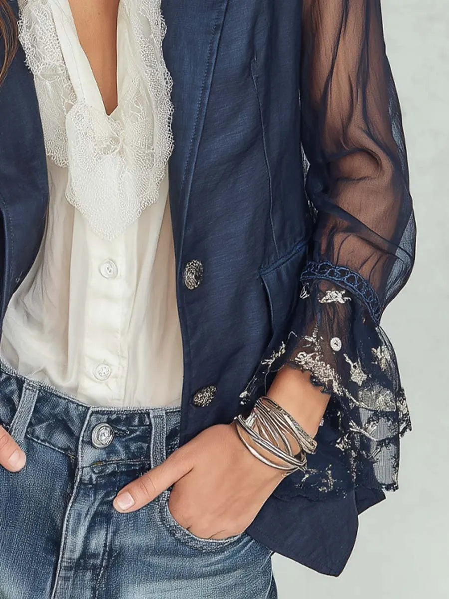 Vintage Floral Embroidered Cuffs Cotton-linen Blazer