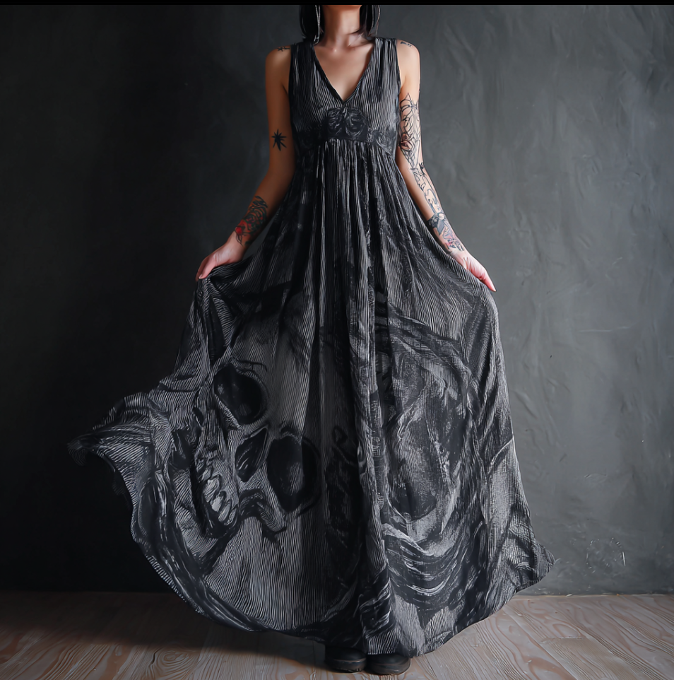 Halloween Gothic Dark Style Skeleton Element Women's V-neck Long Dress