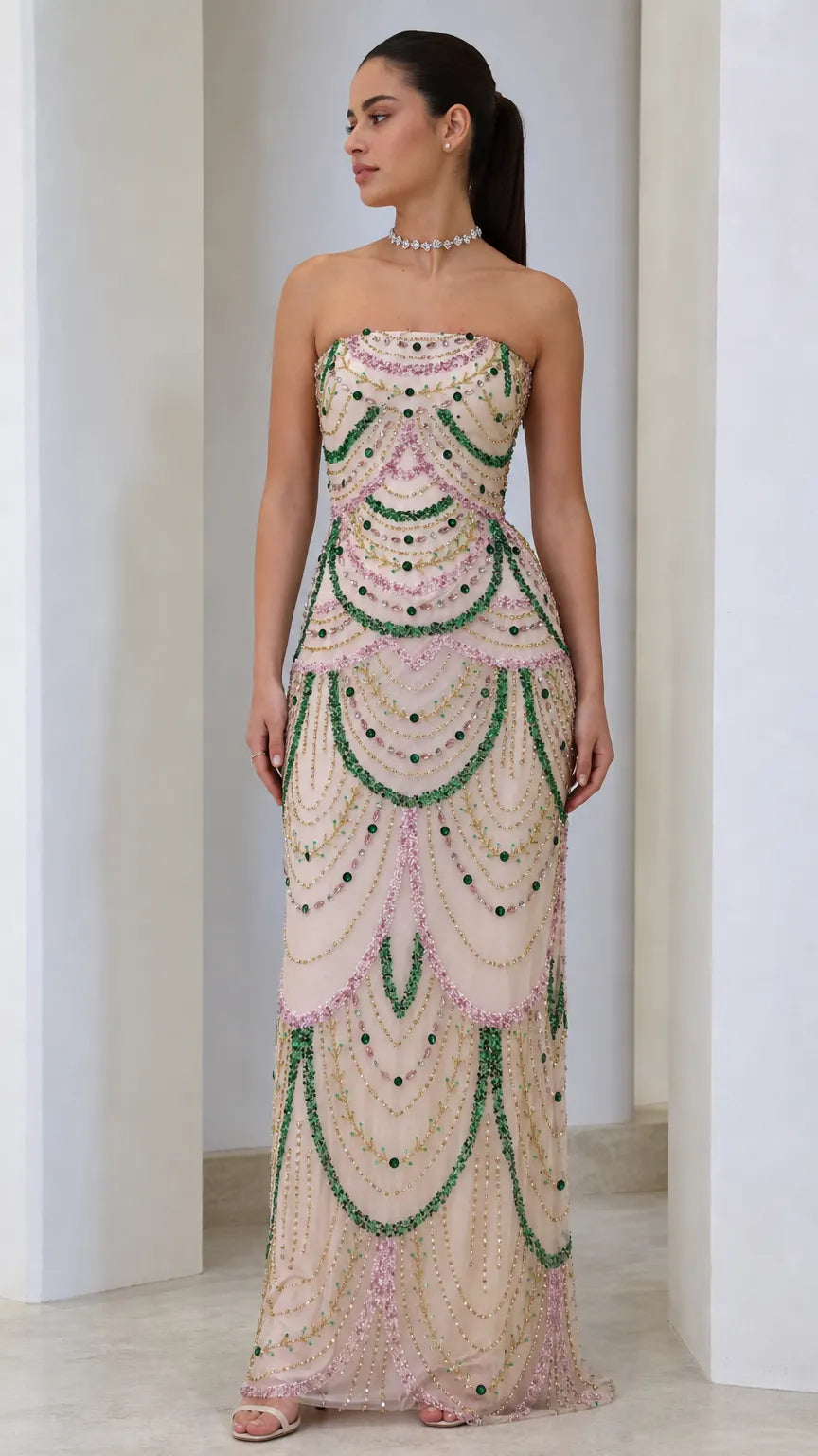 Strapless Scallop Beaded Evening Maxi Dress