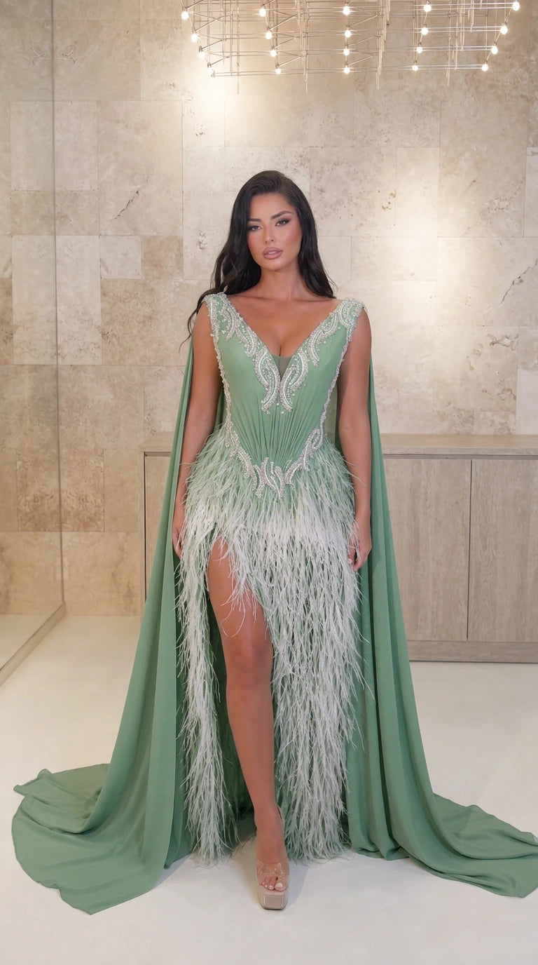 Embellished V-Neck Feather-Fringed Cape Evening Gown with Slit
