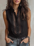 Boho Cotton-linen Lace Trim Sheer Sleeveless Button Down Shirt