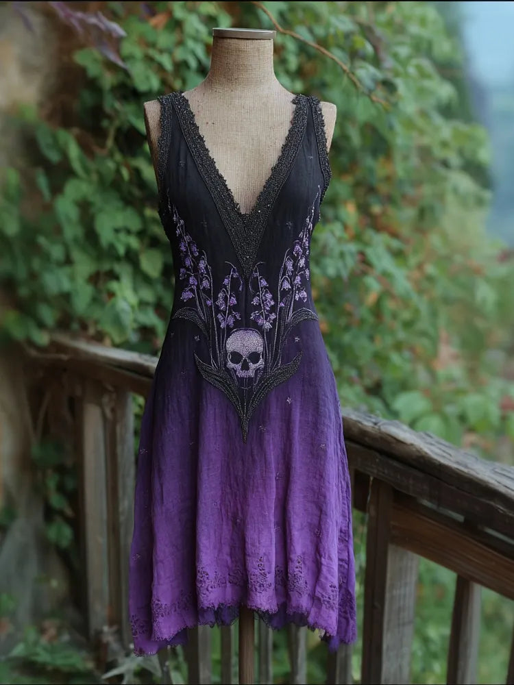 Retro Lily Of The Valley & Skull Embroidered Linen Mini Dress