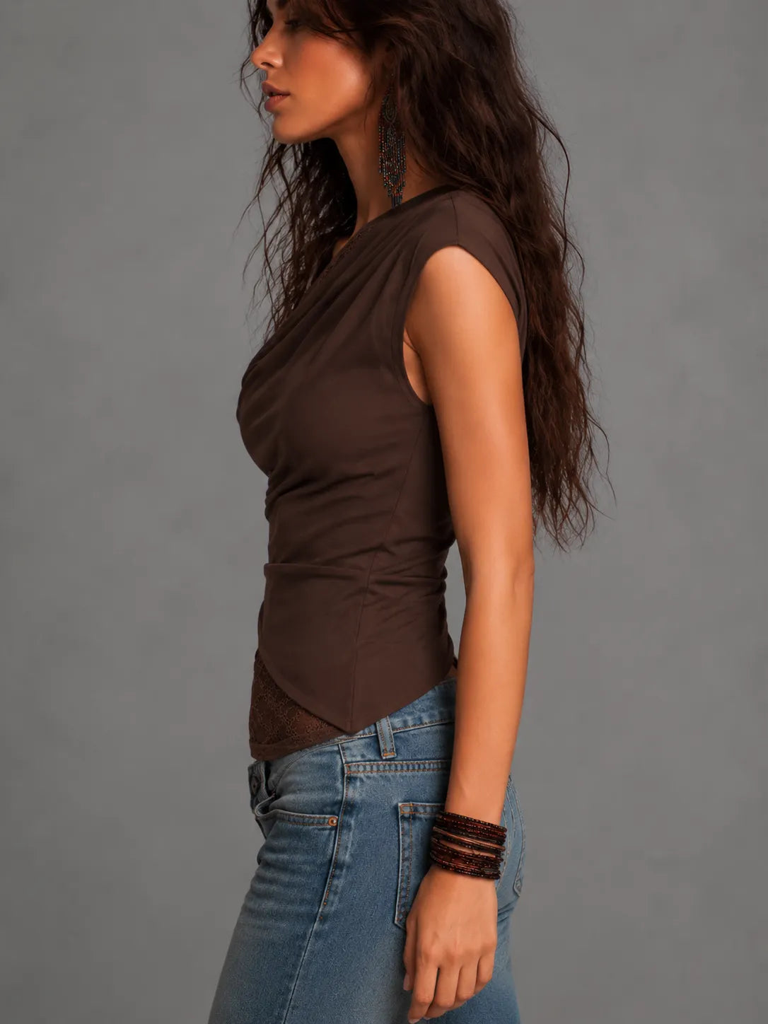 Boho Asymmetrical One Shoulder Lace Spliced Ruched Slim Fit Top