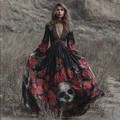 Halloween Theme Rose And Skull Pattern Women's V-neck Long Dress