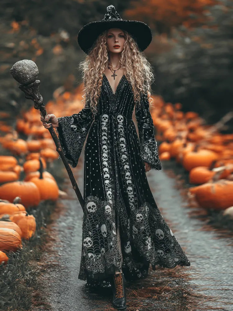 Women's Classic Skull And Spider Web Halloween Art Comfy Velvet Maxi Dress