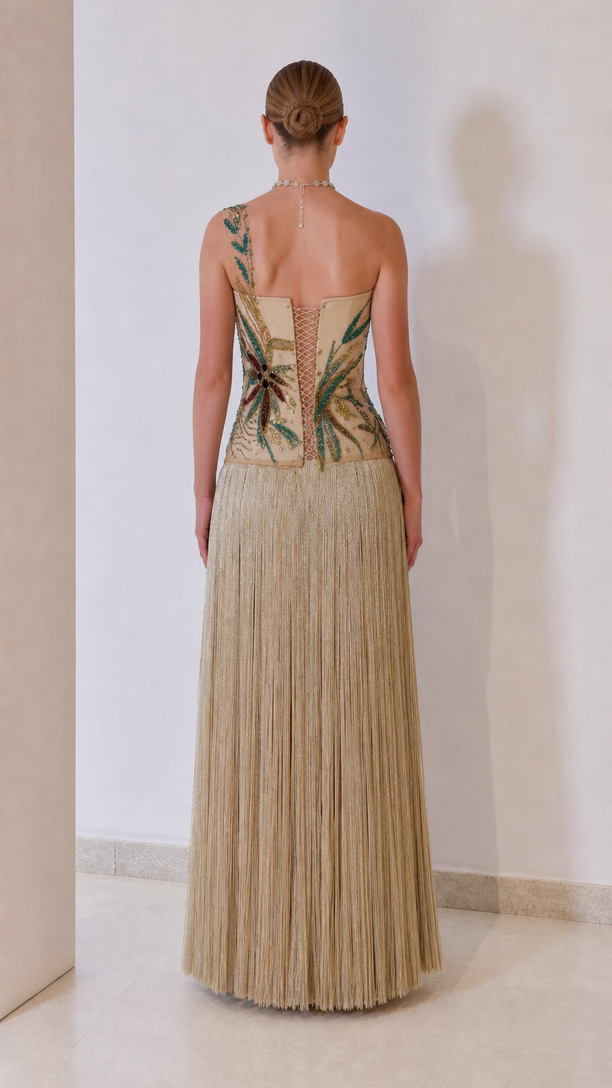 One-Shoulder Beaded Corset Fringe Maxi Evening Gown