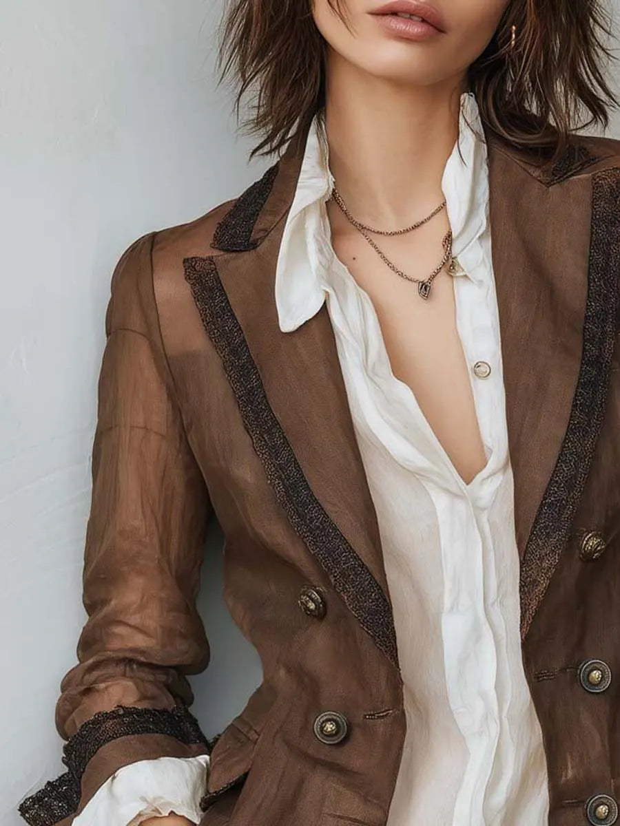 Vintage Sheer Sleeves Lace Trim Cotton-linen Blazer