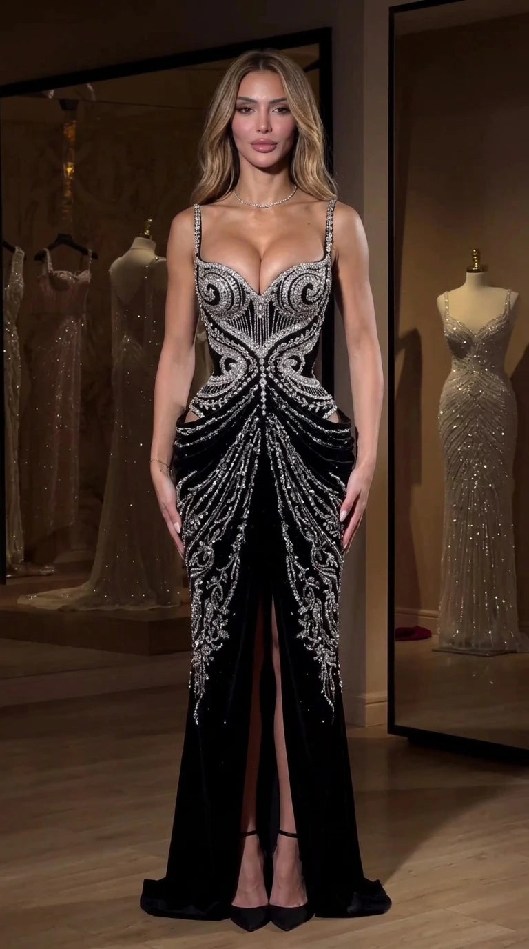 Embellished Sweetheart Corset Evening Gown with Ruched Hip Drape and Slit