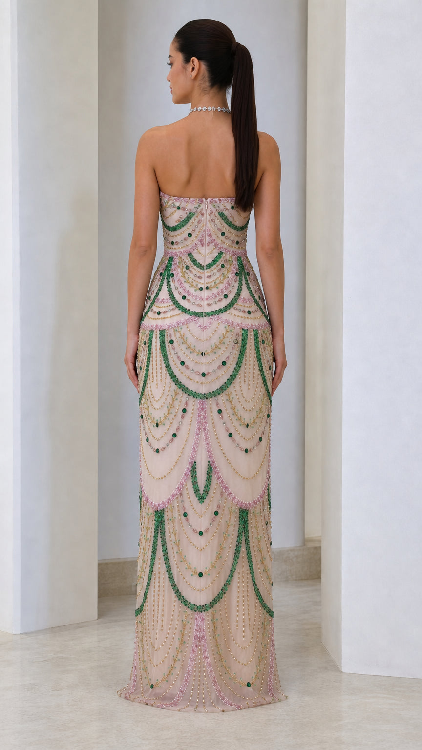 Strapless Scallop Beaded Evening Maxi Dress
