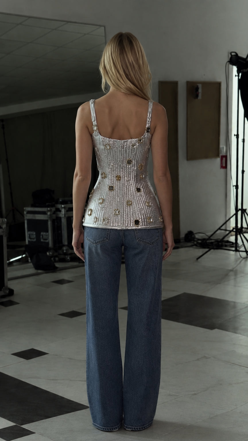 Rhinestone Embellished Shimmer Corset Top Sleeveless Basque Bustier