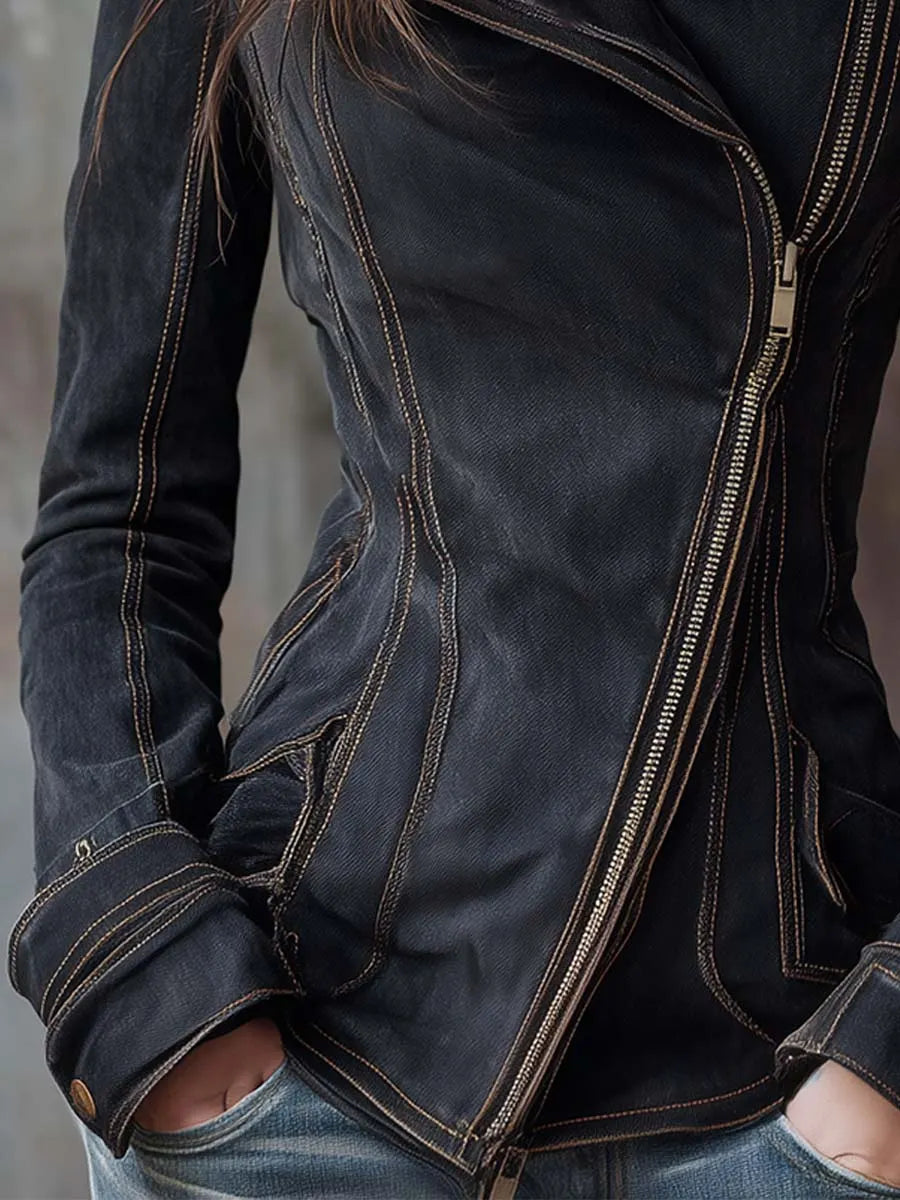 Vintage Washed Denim Moto Jacket – Charcoal Edge