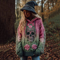 Women's Viking Tribal Jacquard Celtic With Rose And Skull Inspired Chunky Knit Hooded Sweater