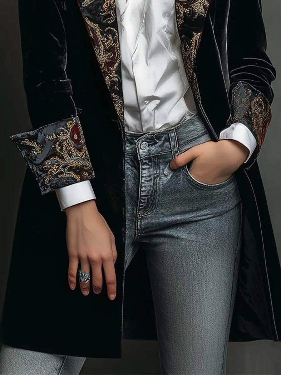 Timeless Vintage Luxury Black Velvet Blazer With Baroque Printed Lapel