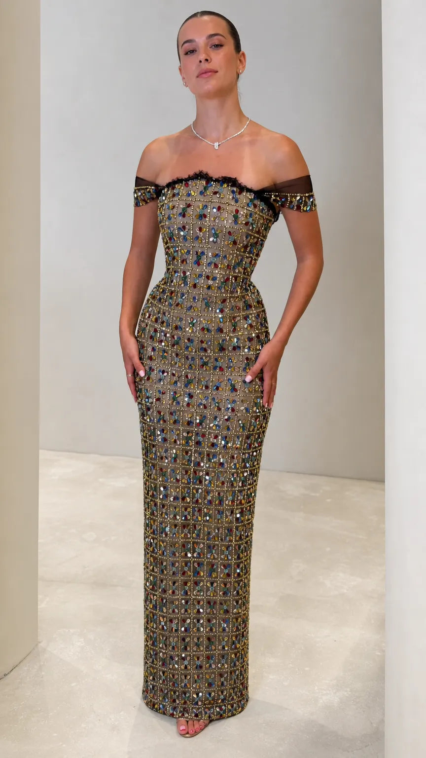 Off-the-Shoulder Jeweled Column Maxi Gown with Sheer Illusion Trim