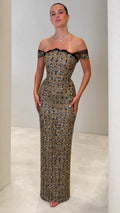 Off-the-Shoulder Jeweled Column Maxi Gown with Sheer Illusion Trim