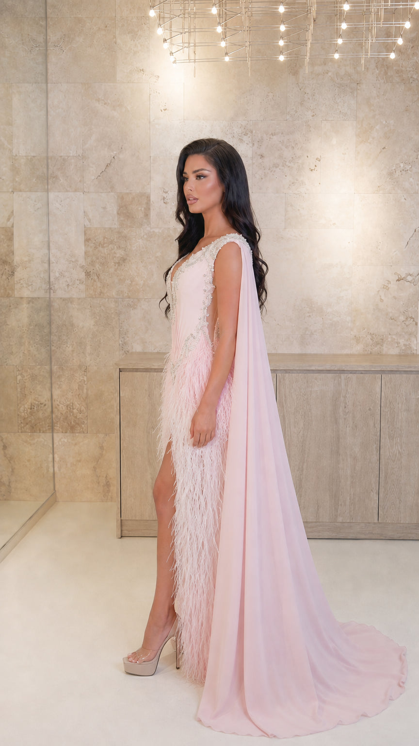 Embellished V-Neck Feather-Fringed Cape Evening Gown with Slit