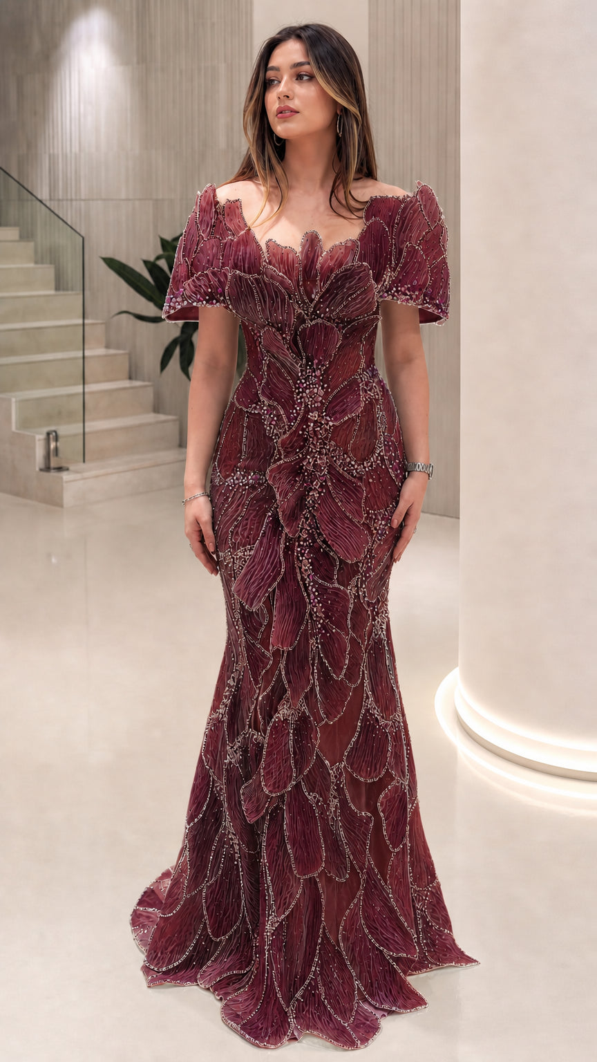 Off-the-Shoulder 3D Petal Beaded Mermaid Evening Gown