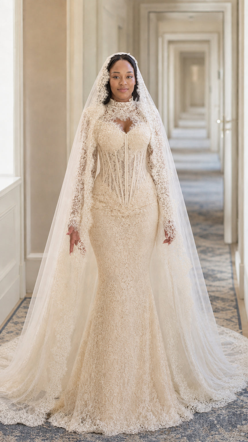 Illusion High Neck Corset Lace Mermaid Wedding Gown with Long Sleeves