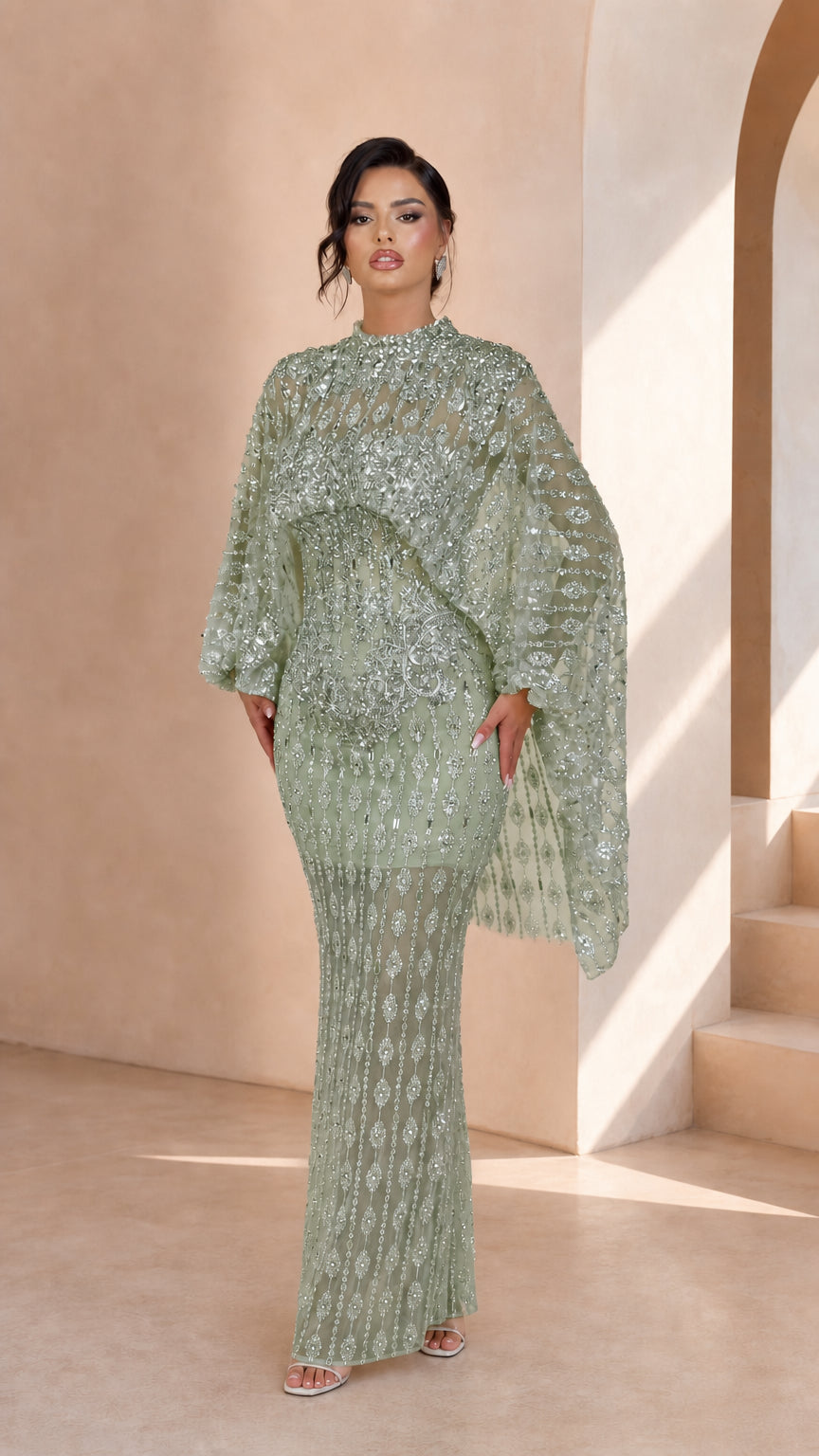 Embellished Cape Sleeve High Neck Formal Evening Maxi Dress