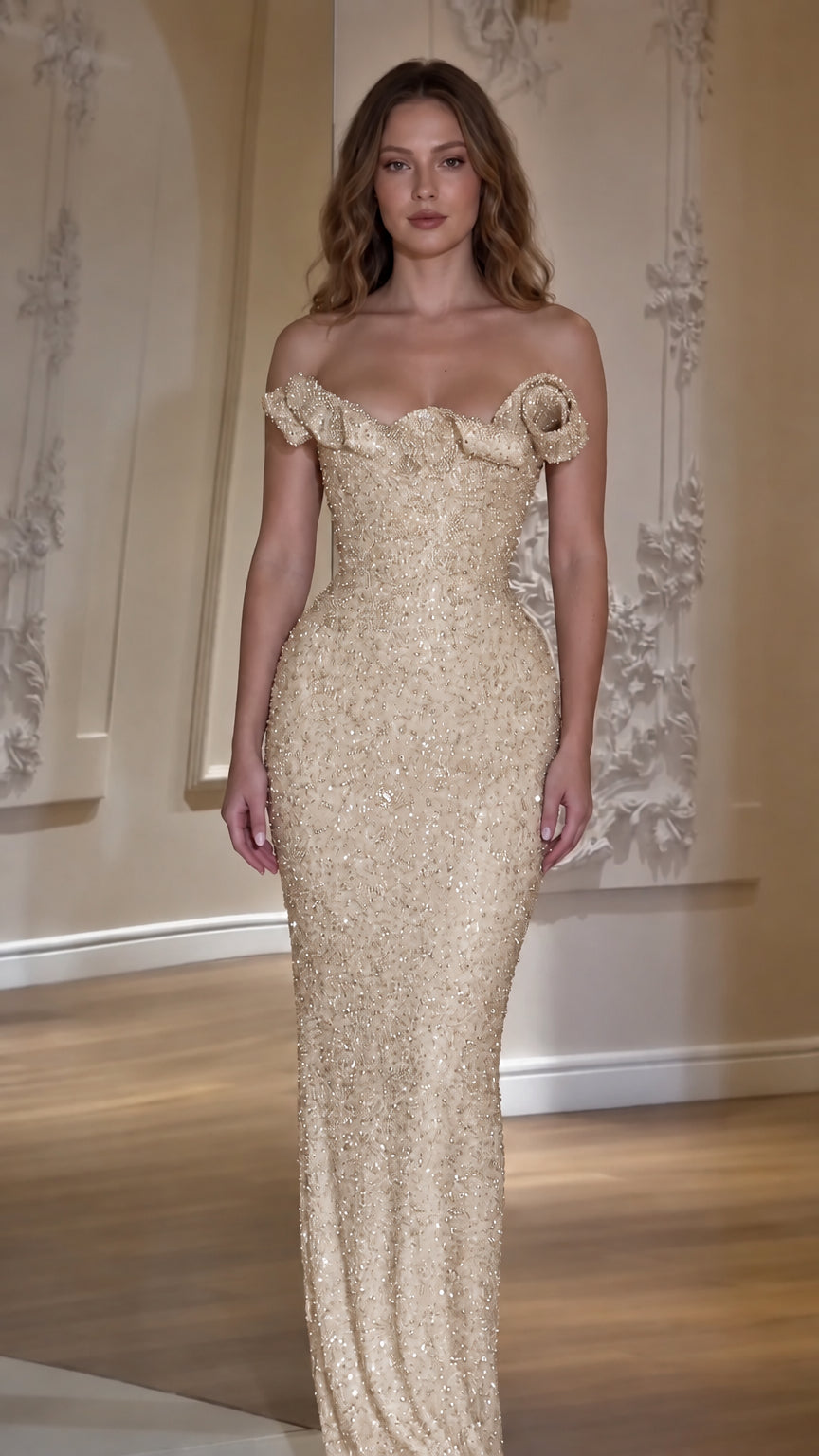 Off-The-Shoulder Beaded Rosette Evening Gown