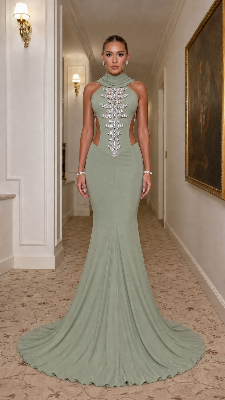 High Neck Backless Mermaid Maxi Gown with Crystal Spine Detail