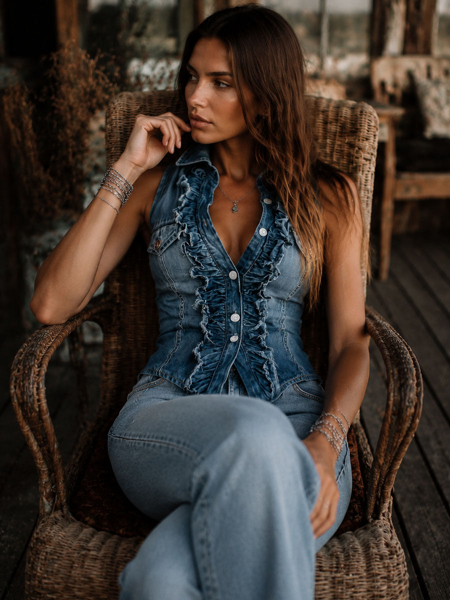 Vintage Blue Denim Ruffle Button Front Vest