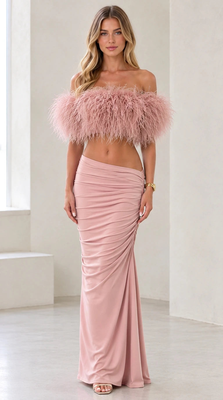 Feather Crop Top and Ruched Maxi Skirt Two-Piece Evening Set
