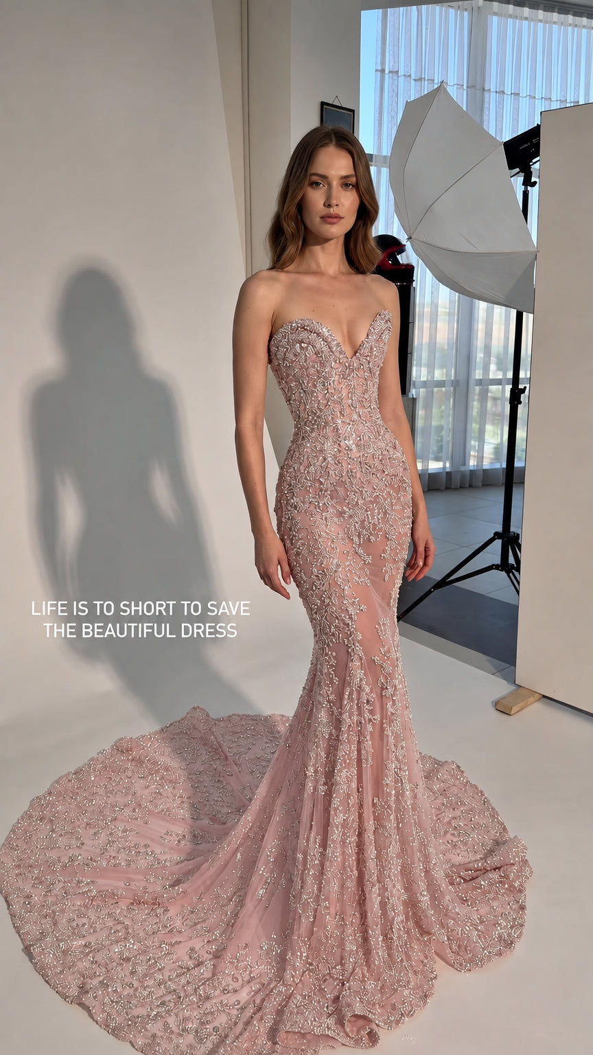 Strapless Beaded Sweetheart Mermaid Evening Gown with Dramatic Train