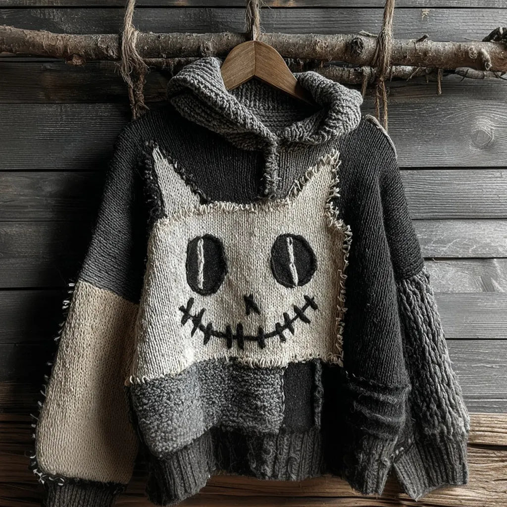 Halloween Cat Spooky Face Contrast Stitched Cozy Knit Hooded Sweater