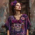 Day Of The Dead Purple Roses Sugar Skull Embroidered Fiber Art Linen Shirt